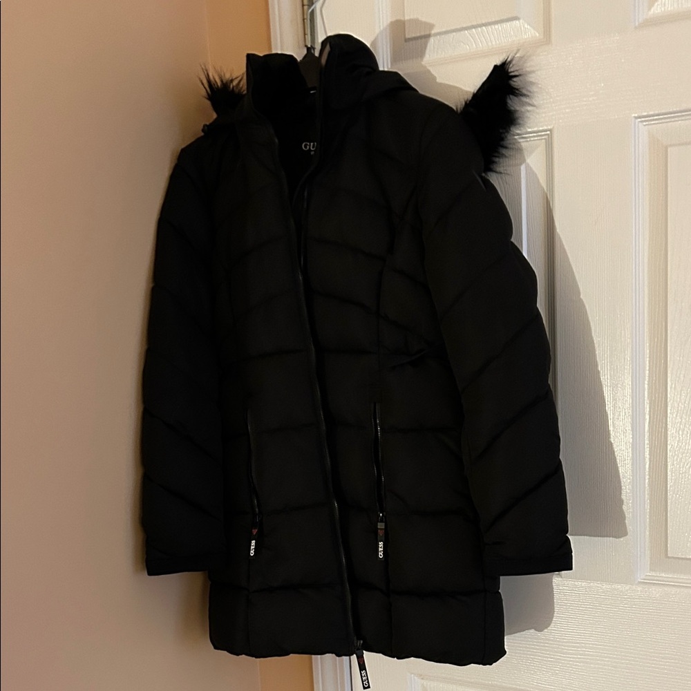 Guess Women's Black Puffer Coat with Fur Trim